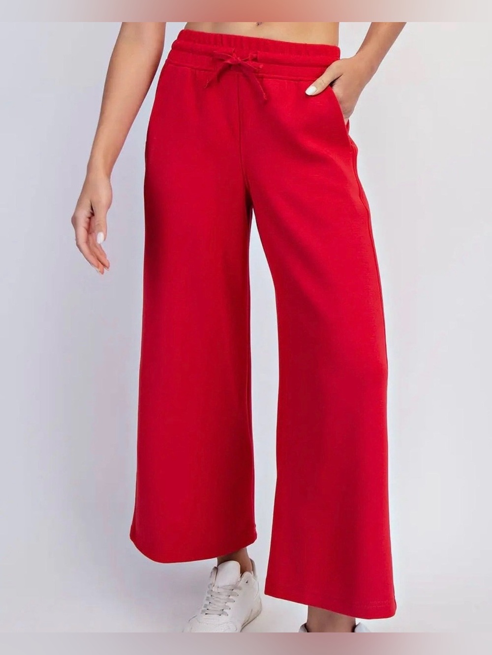 Modal Cropped Wide Leg Drawstring Pants - Red
